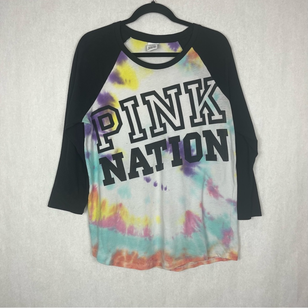 VS PINK Nation Tie Dye Baseball Tee 3/4 Sleeves Women’s Size L